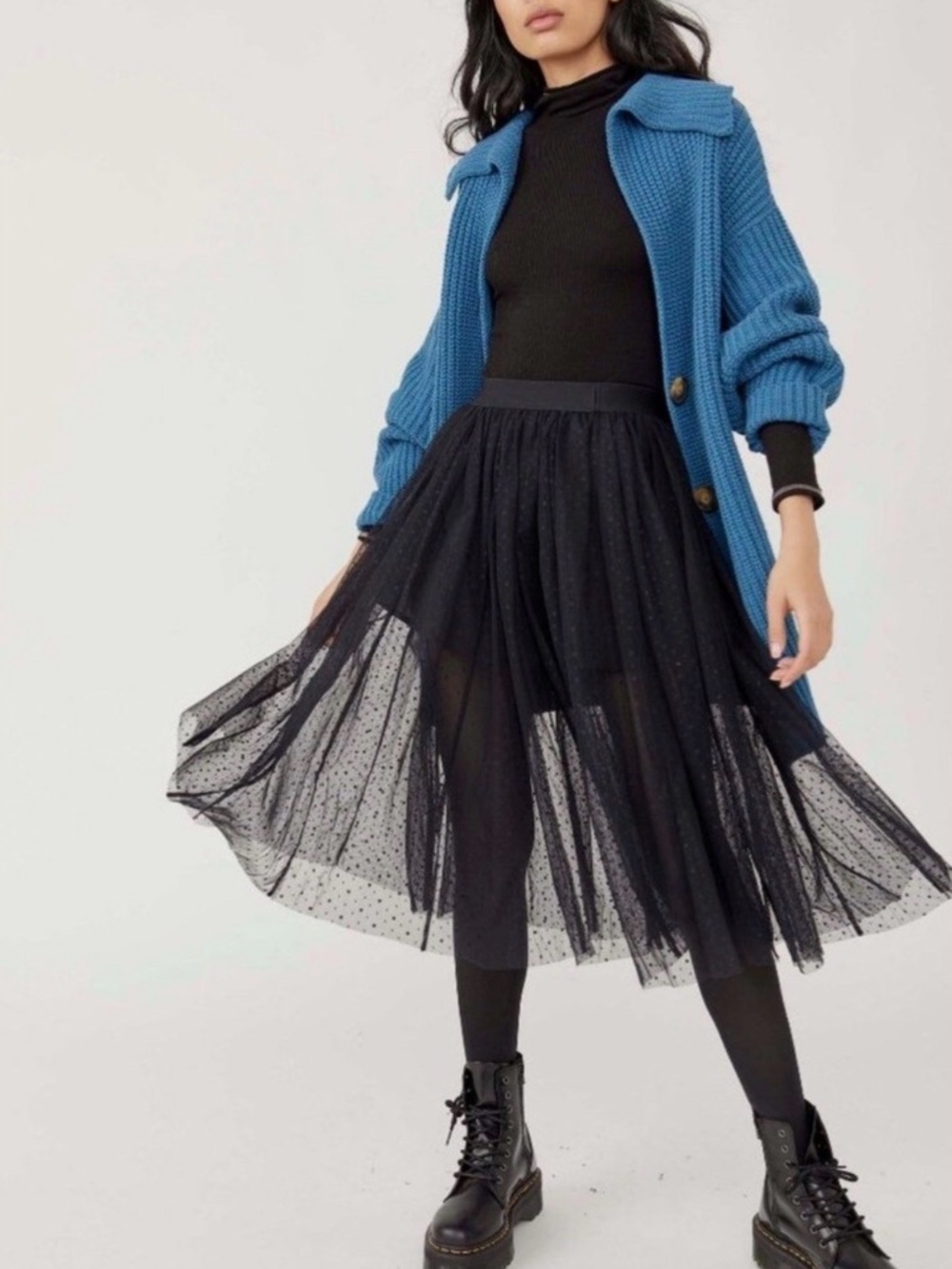Free People Black Polka Dot Tulle Midi Skirt XL